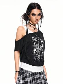 ROMWE Grunge Punk Y2K 垃圾摇滚亚文化朋克仿旧复古藤蔓印花宽松落肩二合一女式 T 恤 - 黑色 - 查看 6