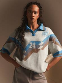 Athîral Women Front Button Short Sleeve Graphic Detail Casual Knit Top - Burgundy - View 1