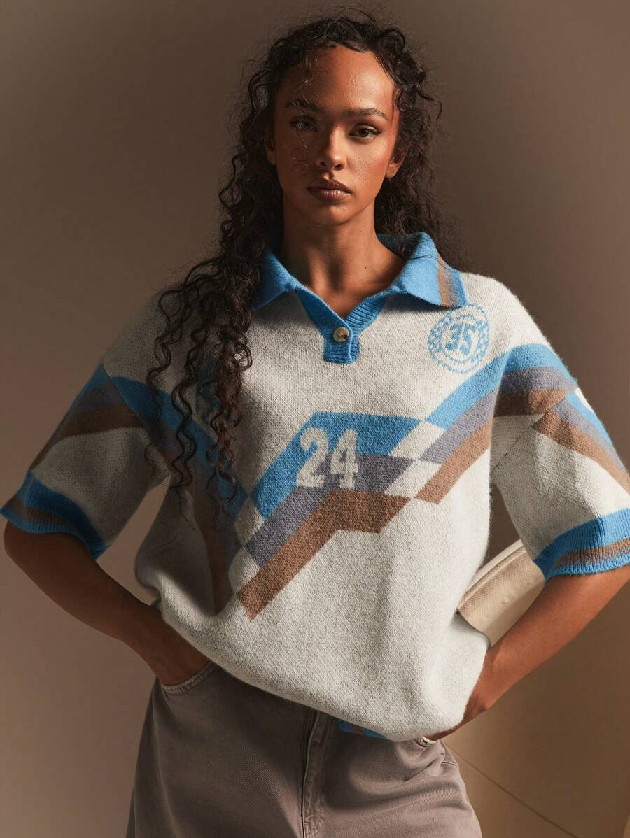 Athîral Women Front Button Short Sleeve Graphic Detail Casual Knit Top - Burgundy - View 1