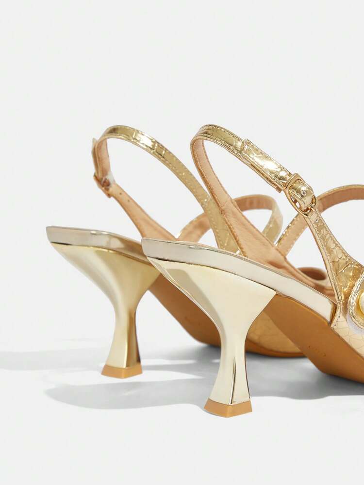 CUCCOO TILAWA Zapatos de tacón alto Mary Jane con puntera puntiaguda, adornados con perlas falsas y brillo, color dorado champán, sexy y de moda, adecuados para fiestas, bodas y celebraciones del Día de San Valentín