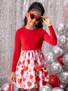 SHEIN Leap Crew Tween Girls' Heart Pattern Lantern Hem Long Sleeve Valentine's Day Dress - Red - View 3
