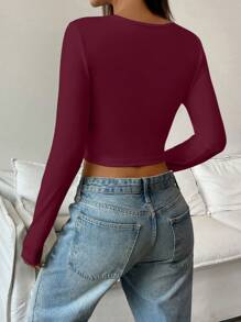 INAWLY Women Casual Solid Color Notched Neck Crop T-Shirt, Autumn