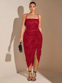 SHEIN BAE Plus Size Damska Elegancka Flokowanie Graceful Midi Plisowana Sukienka Odpowiednia Na Codzienną Randkę, Boże Narodzenie, Święto Dziękczynienia, Walentynki, Koronka, Minimalizm, Damskie Stroje Imprezowe, Sukienki Okazjonalne, Jesień, Sukienka Tiulowa, Krągłości, Elegancka, Sukienka Koktajlowa, Impreza, Wyjście Wieczorne, Plisowana, Rozcięcie, Seksowna, Sukienka Na Szelki, Przyjęcie Urodzinowe, Święta, Długa Spódnica, Popołudniowa Herbata, Suknia Wieczorowa