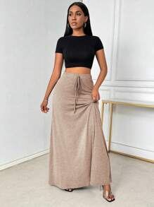 RosyDaze Váy suông buộc eo phía trước đơn giản cho nữ, mặc hàng ngày - Màu Khaki - Xem 5