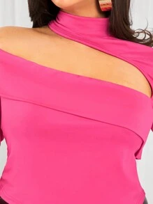 SHEIN SXY Camiseta de manga larga y escote asimétrico con abertura para mujer talla grande, adecuada para uso diario, citas, cumpleaños, despedida de soltera, fiestas, baile de graduación, citas de pareja, elegante, casual, compras, uso urbano, al aire libre, coqueta, fácil de combinar y que estiliza la figura, realza tu silueta