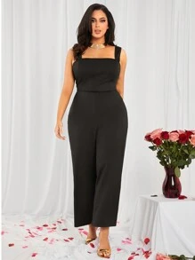 SHEIN SXY Mono negro de tiras anchas, sin espalda y decorado con lazos, para mujer talla grande, apto para uso diario, cita, cumpleaños, despedida de soltera, fiesta, baile de graduación, cita en pareja, elegante, casual, compras, uso diario, al aire libre, coqueto, fácil de combinar y estilizador, resalta tu figura, favorece tu silueta