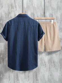 OTTIMOZO Men's Casual Holiday Solid Color Short Sleeve Shirt And Shorts Set - Navy Blue - View 2