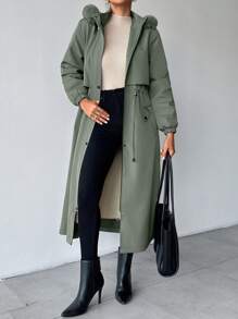 Women's Detachable Fur Collar & Hooded Lined Coat - Mint Green - View 6