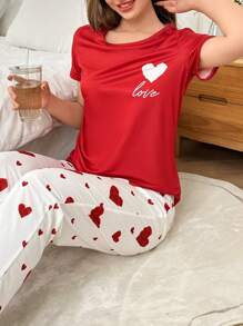 Dream Adore Heart Print Round Neck Short Sleeve Top & Pants Women Valentine's Day Red Pajama Set