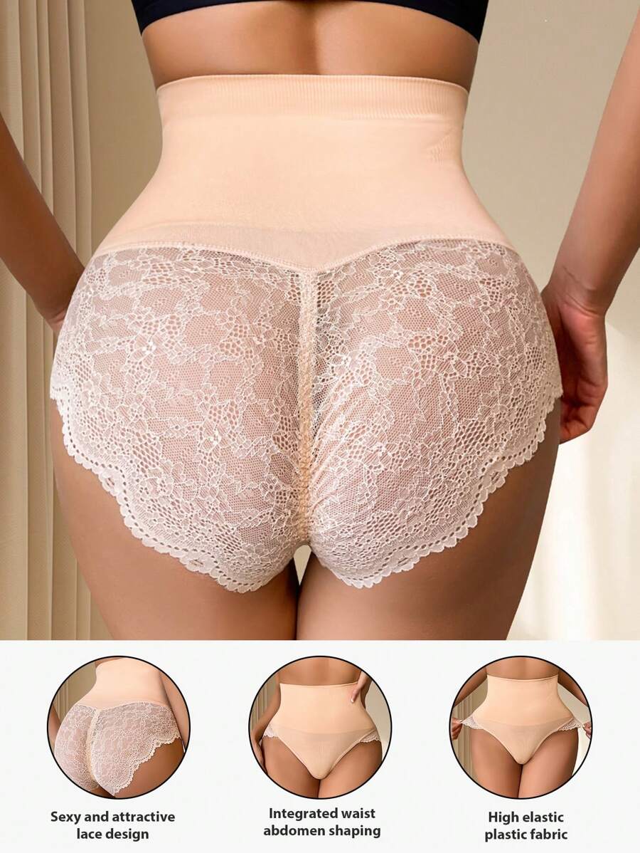 Women's Shapewear Bottom With Lace Panels, Slimming Control Panties - Apricot - View 1