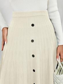 EMERY ROSE Women's A-Line Front Button Plain Simple Casual Knitted Skirt - White - View 4