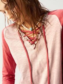 Bohemela Boho Women's Fitted V-Neck Knit Color Block Long Sleeve Top, Casual - Coral Pink - View 4
