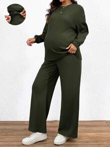 SHEIN 2pcs/Set Maternity Casual Solid Color Long Sleeve Top And Long Pants Set, Autumn - Army Green - View 3