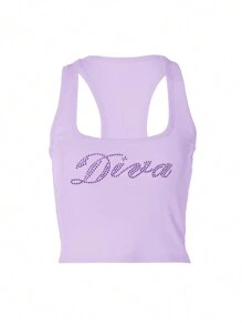 INAWLY 女式 Y2K 水钻字母印花修身短款背心 夏季图案 T 恤 女式上衣 - 淡紫色 - 查看 4