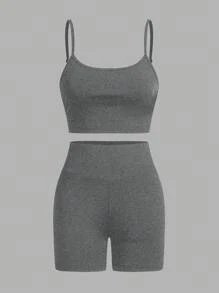 SHEIN Essnce 女式 3 件套休闲轻便运动背心、紧身短裤和衬衫，性感时尚，适合户外、骑行、网球、旅行 - 彩色 - 查看 4