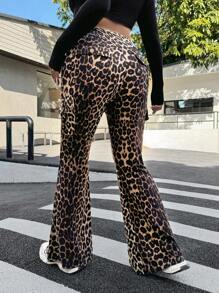 SHEIN EZwear Pantalones de mujer talla grande Y2k, pantalones cargo, pantalones acampanados, pantalones informales con bolsillos de estampado de leopardo y diseño simple, para uso diario, ropa de primavera y verano - Multicolor - Ver 3