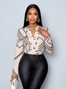 SOLERSUN Elegant Commuter Daily Outgoing Work Shirt For Women, Apricot Line Print V-Neck, Front Center Pleats, Long Sleeve (Random Floral) Fall Cloth For Women - Apricot - View 5