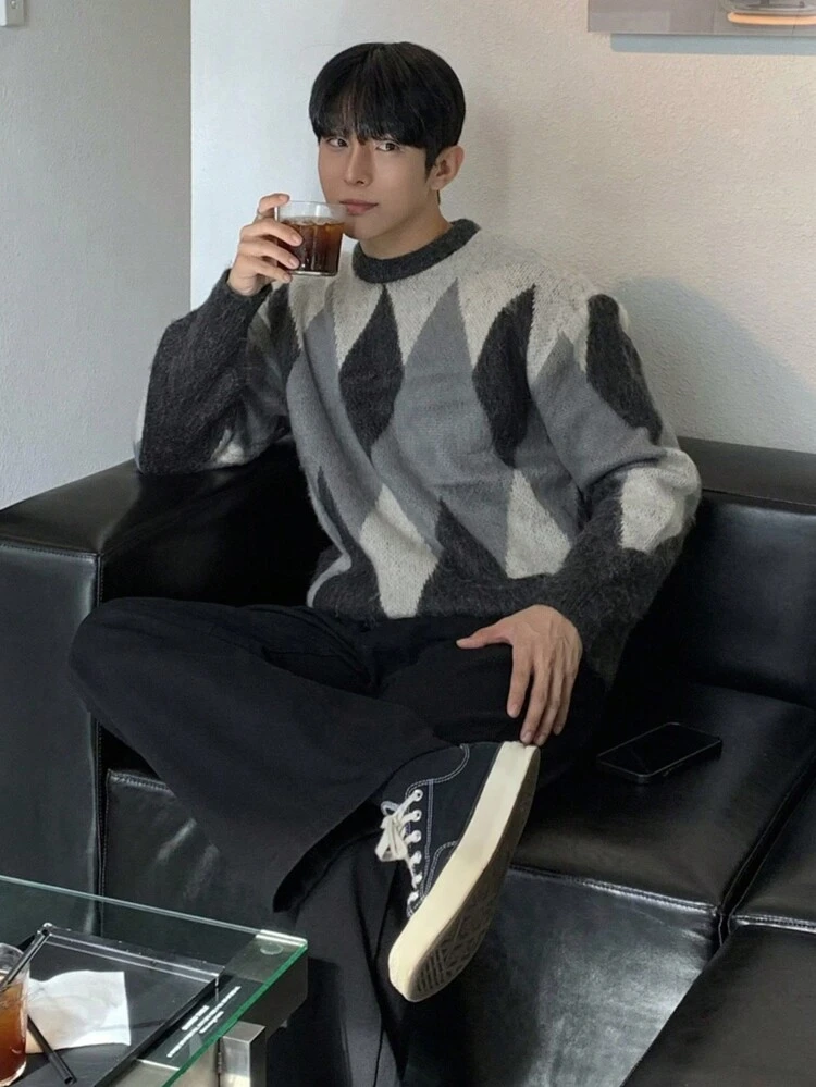 Men's Crew Neck Long Sleeve Graphic Detail Casual Sweater Fall,Winter