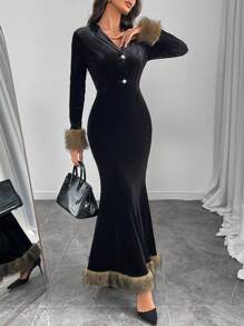 Modelyn Women's Fluffy Colorblock Dress With Fish Tail Design, Elegant For Autumn/Winter Long Evening Dresses