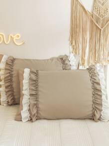 波西米亚农舍风格床上用品套装，纯驼色双人荷叶边被套，可选单人/双人/特大号尺寸，三件套，超柔软透气超细纤维被套，1 个拉链封口被套，2 个枕套，不含被芯，男女通用，四季皆宜，非常适合宿舍使用 - 駝色 - 查看 8