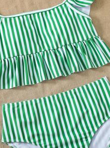 SHEIN Tween 女童可爱休闲条纹针织泳衣套装，适合夏季、度假、海滩 - 綠色 - 查看 4