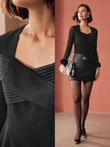 MOTF PREMIUM CONTRAST MESH FUZZY CUFF BLOUSE - Black - View 9