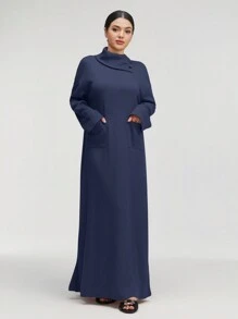 Al Najma 女士纯色高领长袖口袋宽松长款休闲阿拉伯连衣裙，休闲风格，适合日常休闲/旅游/度假/休假/家居服，超长阿拉伯连衣裙 - 寶藍色 - 查看 3