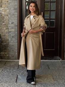 DAZY Plaid Patchwork Double-Breasted Loose Mid-Length Trench Coat,Fall Clothes - Khaki - View 4