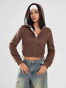 TRNVIE 1件女士抓绒短款露脐卫衣，棕色，休闲街头风，冬季套头衫 - 棕色 - 查看 4