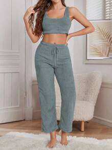 3-delige dames pluche effen kleur sexy outfitset - vest, broek en jas, casual, herfst/winter