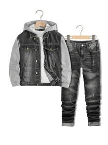 SHEIN Tween Boy 2pcs/Sets Fashion Casual Black Denim Patchwork Gray Knit Hooded Long-Sleeved Denim Jacket And Comfortable Stretch Skinny Kids Jeans For Dailywear And Fall/Winter Kids Summer Clothes - Black - View 1