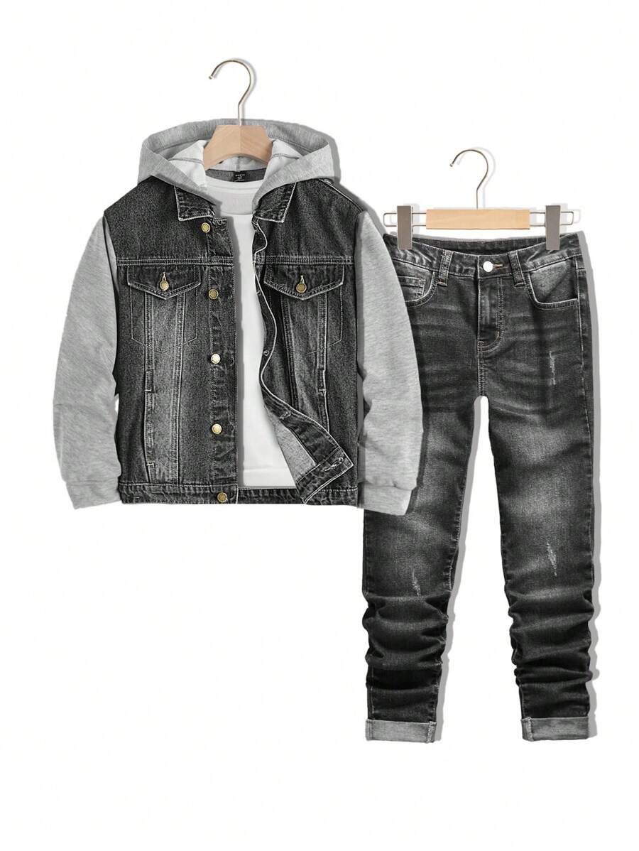 SHEIN Tween Boy 2pcs/Sets Fashion Casual Black Denim Patchwork Gray Knit Hooded Long-Sleeved Denim Jacket And Comfortable Stretch Skinny Kids Jeans For Dailywear And Fall/Winter Kids Summer Clothes - Black - View 1