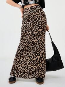 SHEIN Teen Girl Spring/Summer Streetwear/Vintage/Y2K Leopard Print/Cheetah Print Casual Skirt,Mermaid Skirt,Nye,Parent-Child,Girls Valentines - Coffee Brown - View 3