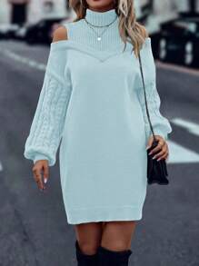 SHEIN LUNE Váy len dài tay hở vai cổ cao thanh lịch cho quần áo năm mới - Màu xanh nhạt - Xem 3