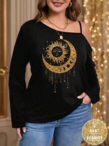 SHEIN LUNE 休闲简约月亮印花大码女式细肩带无袖 T 恤 - 黑色 - 查看 3
