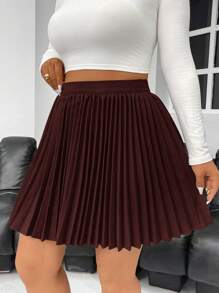 SHEIN Privé Plus Size Solid Color A-Line Pleated Mini Skirt, Casual For Everyday Wear - Burgundy - View 3