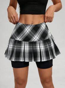 SHEIN Essnce Women's Simple Plaid Pleated Shorts, Casual Daily Wear - Multicolor - View 1