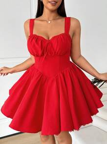 Solflare Plus Size Solid Color Wide Strap Tie Front Crop Casual Red Dress, For Valentine's Day,Spring Summer Clothes