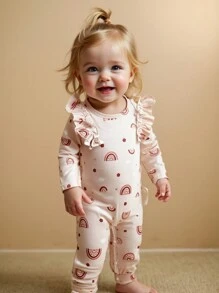 女婴可爱彩虹印花荷叶边长袖连体衣及发带，时尚舒适，适合所有季节，春秋季日常穿着，假日休闲皆宜 - 粉色 - 查看 1
