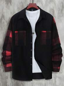 Manfinity Homme Camisa de manga larga a cuadros de patchwork informal para hombre de talla grande