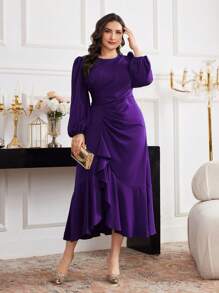 Modelyn 大码纯色圆领长袖褶皱简约休闲连衣裙 - 紫色 - 查看 1