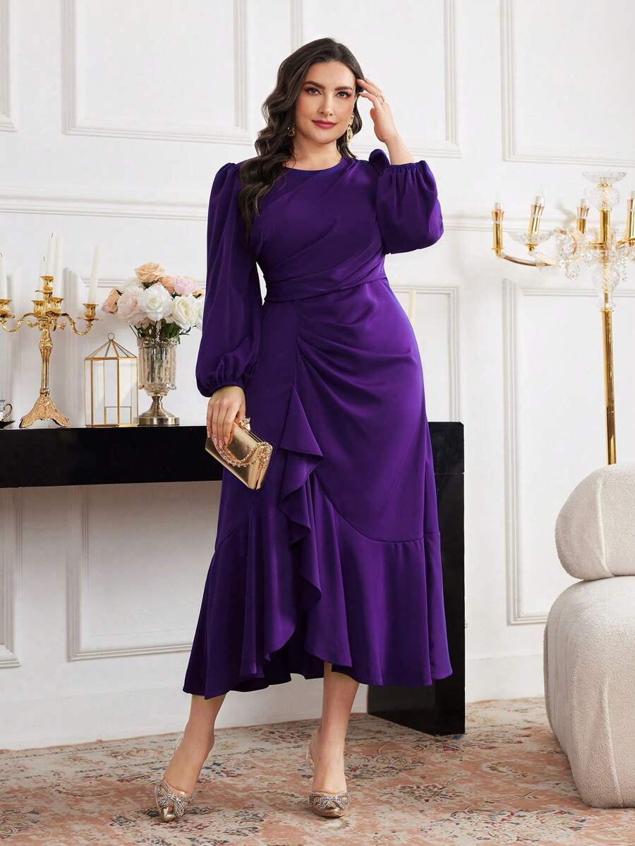 Modelyn 大码纯色圆领长袖褶皱简约休闲连衣裙 - 紫色 - 查看 1