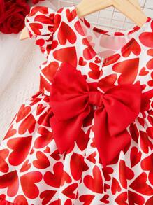 SHEIN 嬰幼兒女童休閒寬鬆短袖愛心圖案連衣裙 - 紅色 - 查看 4