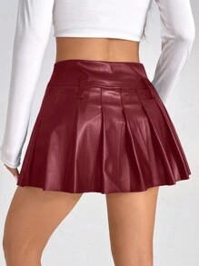 SHEIN PETITE 女士时尚纯色褶皱 PU 裙 - 酒紅色 - 查看 2