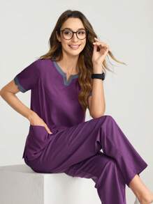 TaskEZ 纯色拼接 V 领短袖口袋手术服制服上衣 - 彩色 - 查看 2