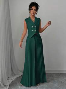 Selianne 优雅女士商务套装，简约时尚休闲日常上衣和裙子 - 墨綠色 - 查看 5