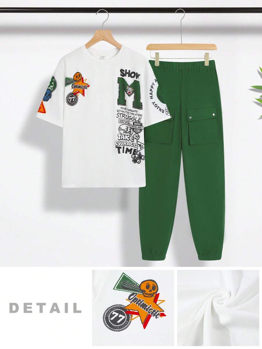 SHEIN 2 Teiliges Set lose sitzender Lässig Rundhals Muster Kurzarm T-Shirt & Hose für Teenager; Frühlingsbekleidung; Teenager Jungen Kleidung; Teenager Jungen Jacken, Frühling Schulanfang - Verschiedenfarbig - Übersicht 1