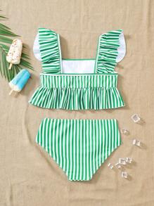 SHEIN Tween 女童可爱休闲条纹针织泳衣套装，适合夏季、度假、海滩 - 綠色 - 查看 3
