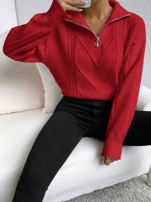 SHEIN EZwear Casual Solid Color Drop Shoulder Loose Knit Red Sweater, Autumn/Winter
