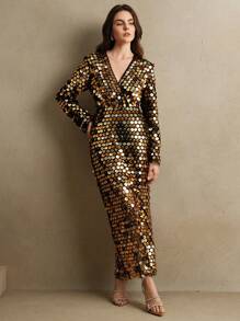 Anewsta 高端品牌女式亮片装饰长袖连衣裙，秋冬款 - 金色 - 查看 5